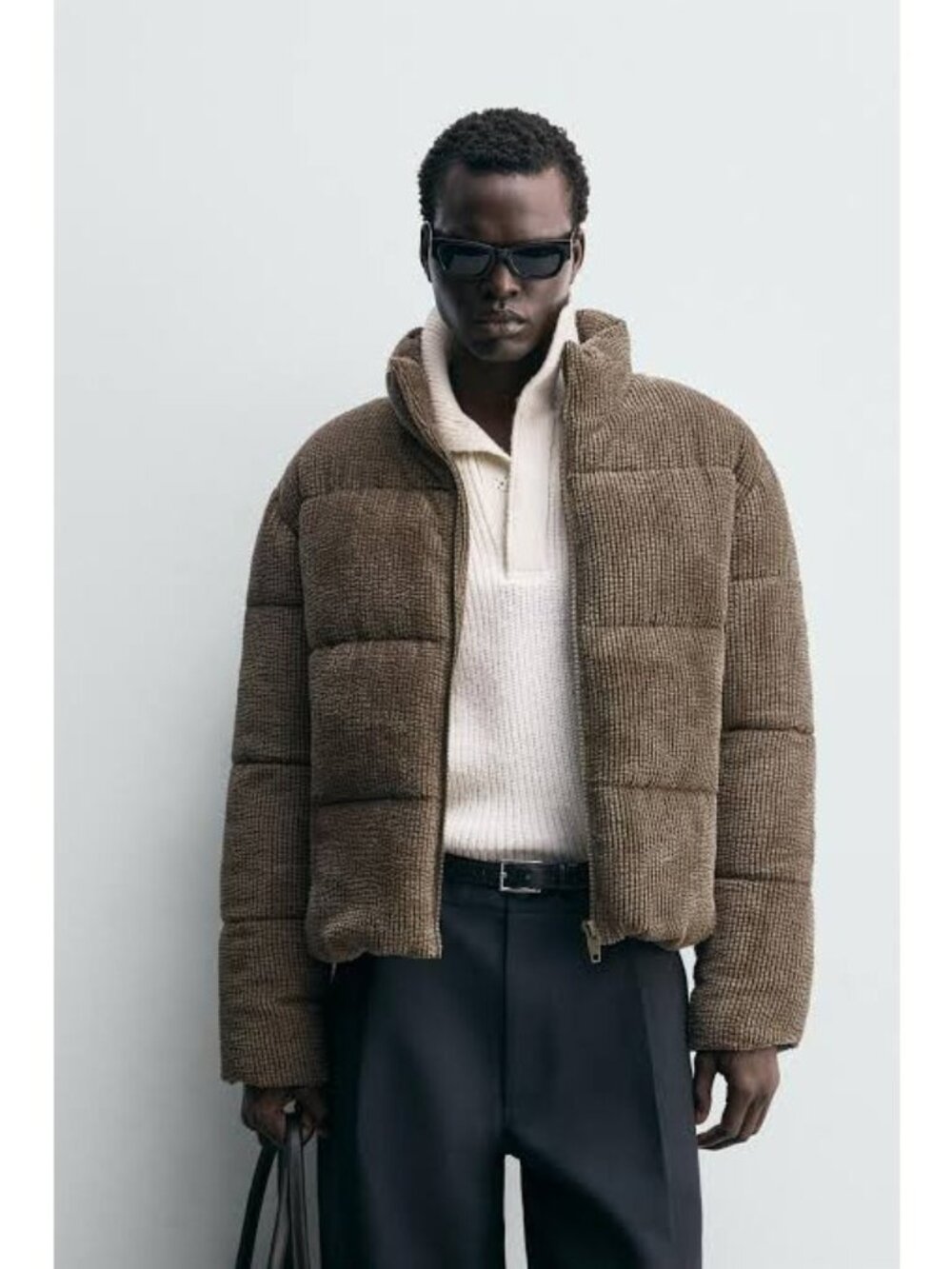 Zara Mens Corduroy Puffer Bomber Jacket Small Brown Taupe 3833/305 NWT